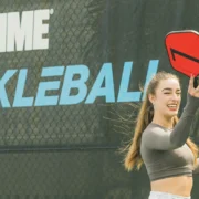 an image of two girls at a Life Time pickleball court